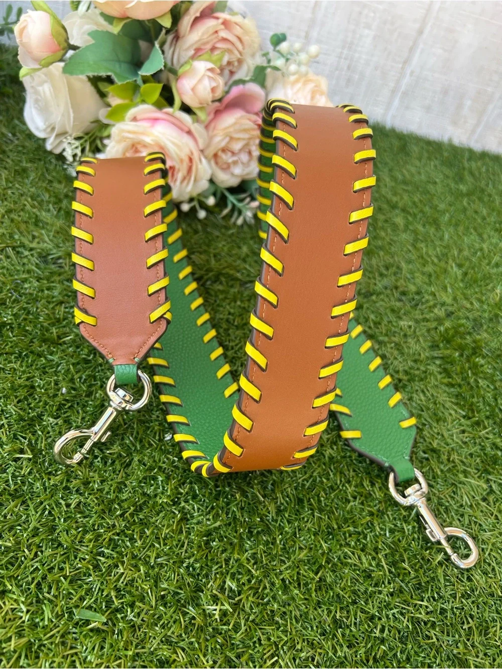 Leather Bag Strap in Brown and Green with Yellow Accents STRAP ONLY